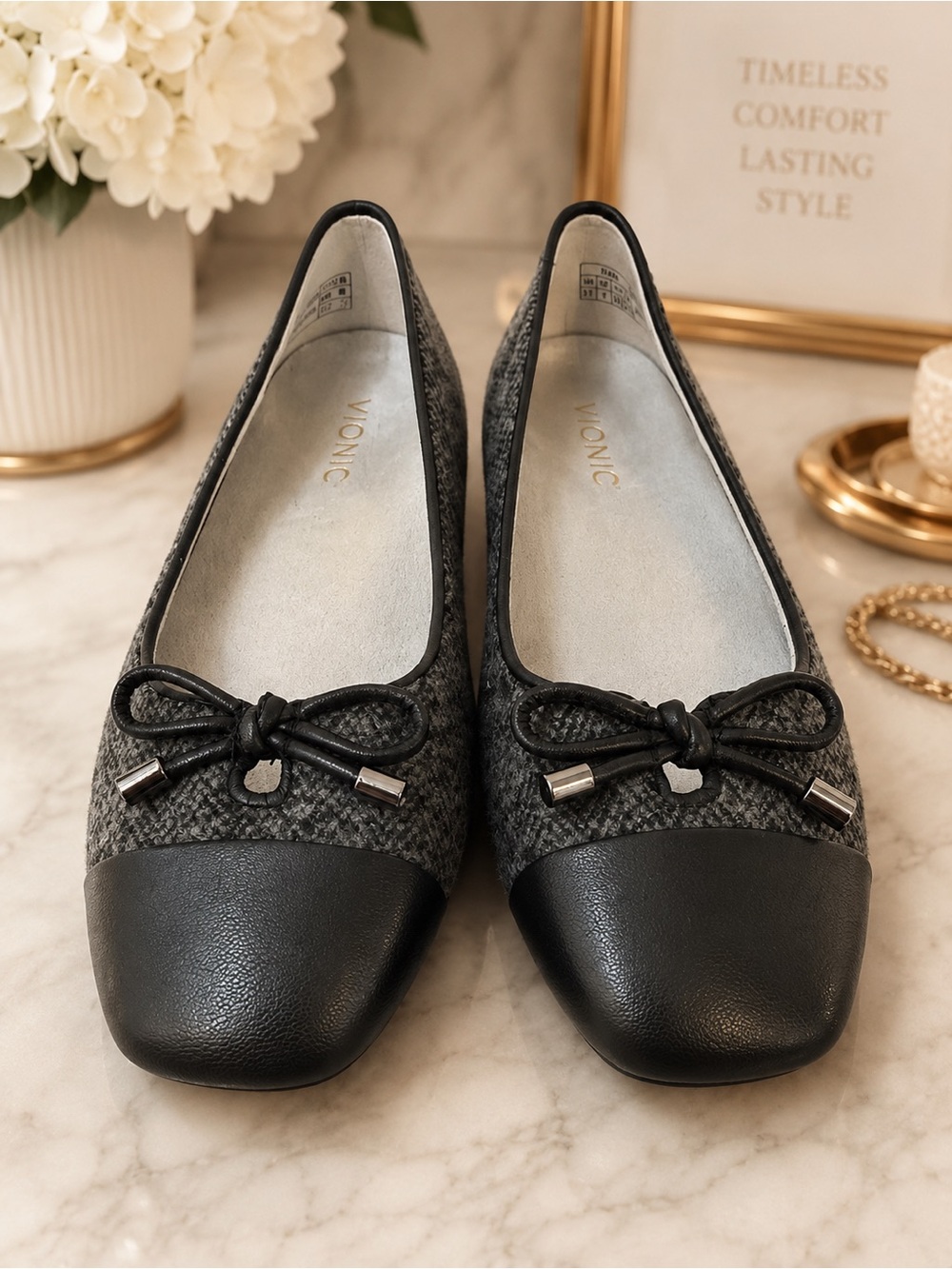 Vionic Comfort Casual Black and Grey Herringbone Bow-Trim Ballet Flats